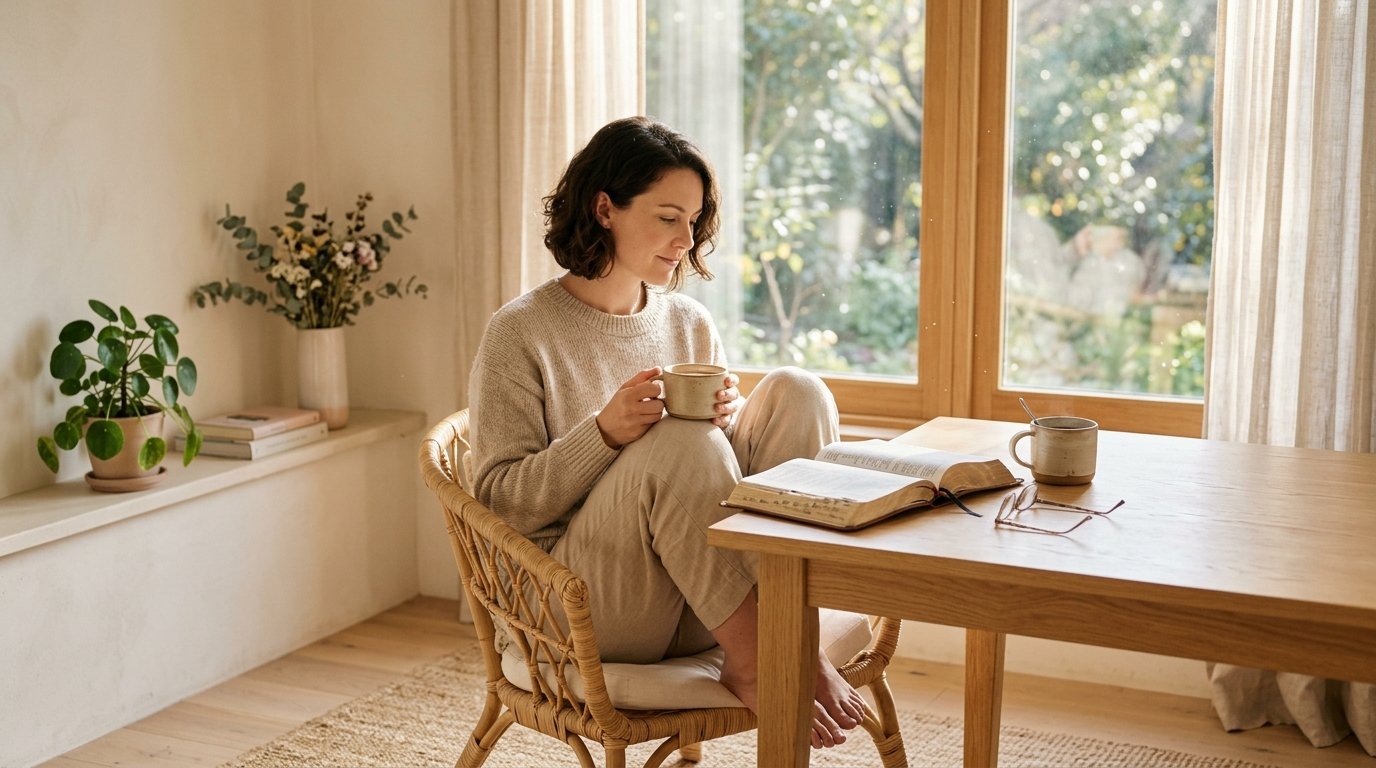 Uma pessoa em silêncio segurando uma Bíblia, representando a meditação nas 10 promessas de Deus.